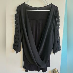 BCX Black Draped Crossover Top W/Crisscross Sleeve Size XL